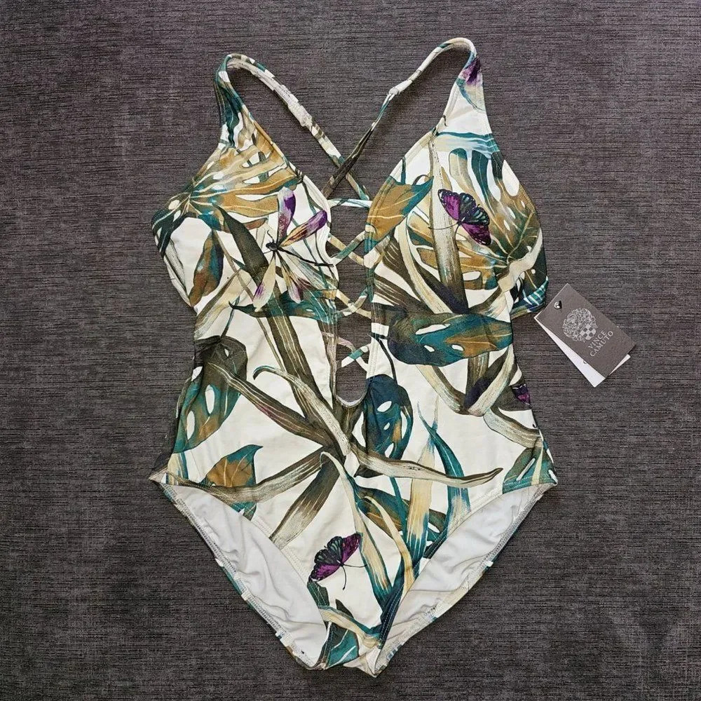 Vince Camuto Women's Rainforest Strappy Leaf Print One Piece Swimsuit Size 8